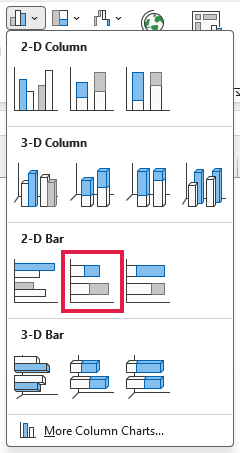 Insert Column or Bar Chart menu with Stacked Bar selected