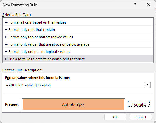 New Formatting Rule dialog with the AND formula that draws the task bars