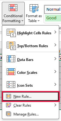 Conditional Formatting menu with New Rule selected