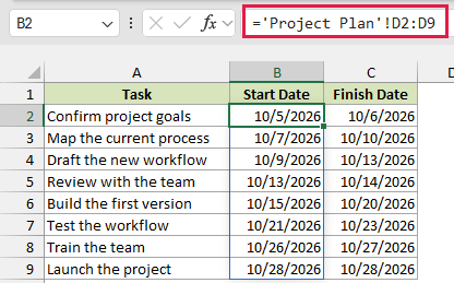 Formula linking the start dates from the Project Plan sheet