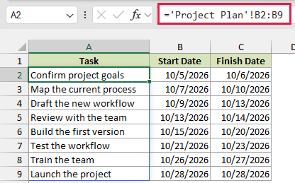 Formula linking the task names from the Project Plan sheet
