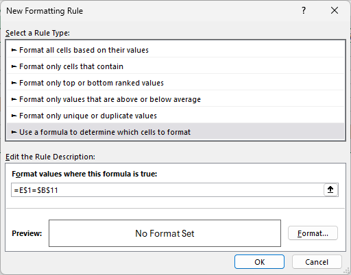 New Formatting Rule dialog with the formula that compares each date to the Status Date