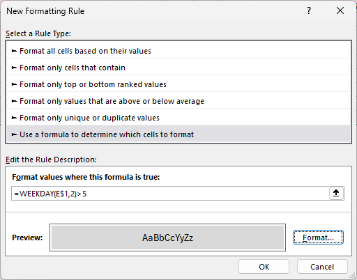 New Formatting Rule dialog with the WEEKDAY formula and a gray fill