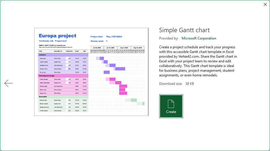 Simple Gantt chart template preview with the Create button