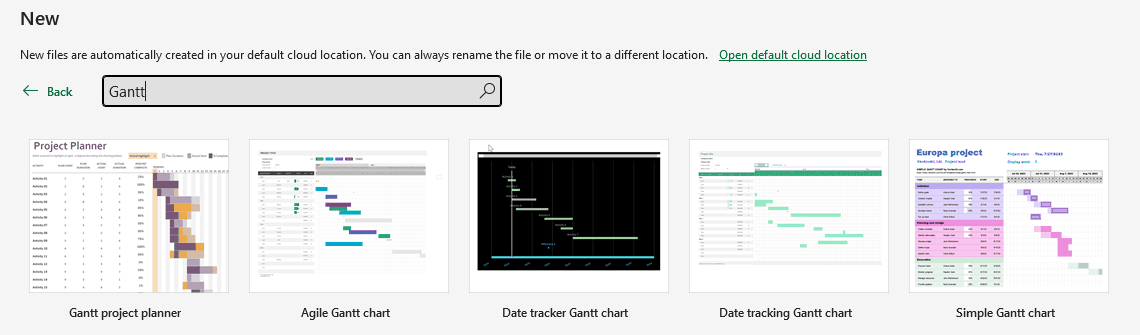 Excel template gallery search results for Gantt