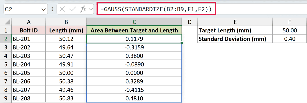 =GAUSS(STANDARDIZE(B2:B9,F1,F2)) in C2