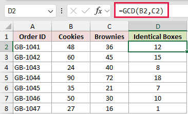 =GCD(B2,C2) in D2