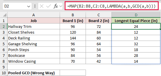 =MAP(B2:B8,C2:C8,LAMBDA(a,b,GCD(a,b))) in D2