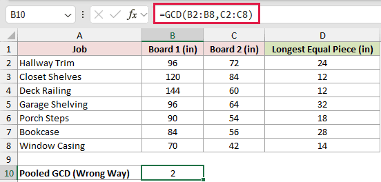 =GCD(B2:B8,C2:C8) in B10