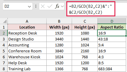 =B2/GCD(B2,C2)&":"&C2/GCD(B2,C2) in D2
