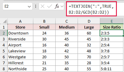 =TEXTJOIN(":",TRUE,B2:D2/GCD(B2:D2)) in E2