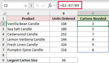 =B2:B7/B9 in C2
