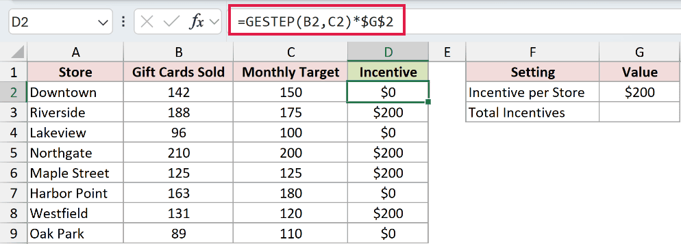 =GESTEP(B2,C2)*$G$2 in D2