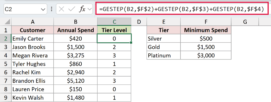 =GESTEP(B2,$F$2)+GESTEP(B2,$F$3)+GESTEP(B2,$F$4) in C2