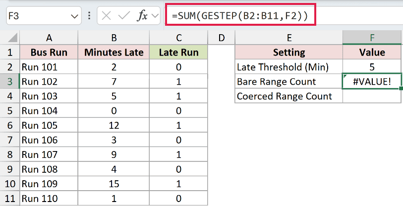 =SUM(GESTEP(B2:B11,F2)) in F3