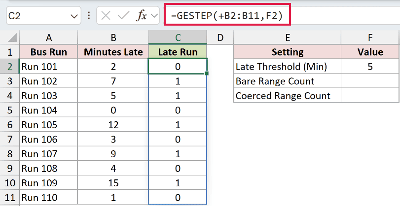 =GESTEP(+B2:B11,F2) in C2