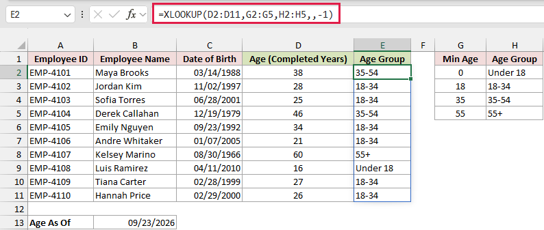 XLOOKUP formula in E2 spills the age group for every employee