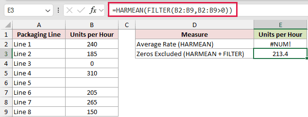 =HARMEAN(FILTER(B2:B9,B2:B9>0)) in E3