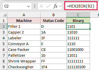 =HEX2BIN(B2) in C2