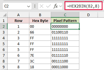 =HEX2BIN(B2,8) in C2