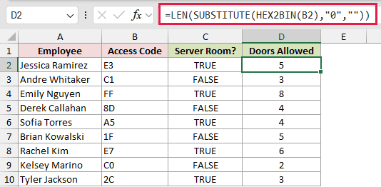 =LEN(SUBSTITUTE(HEX2BIN(B2),"0","")) in D2