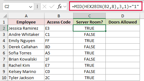 =MID(HEX2BIN(B2,8),3,1)="1" in C2