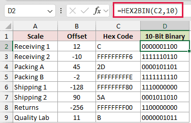 =HEX2BIN(C2,10) in D2