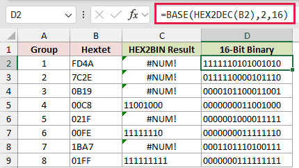 =BASE(HEX2DEC(B2),2,16) in D2
