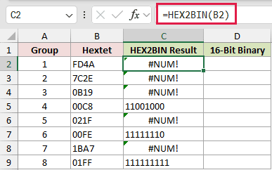 =HEX2BIN(B2) in C2
