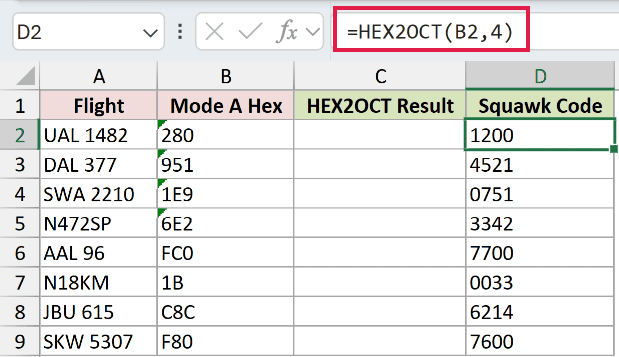 =HEX2OCT(B2,4) in D2