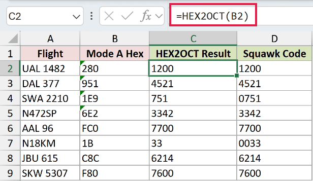 =HEX2OCT(B2) in C2