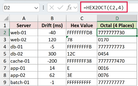 =HEX2OCT(C2,4) in D2