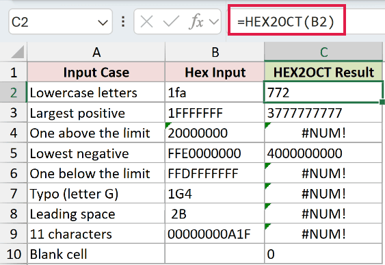 =HEX2OCT(B2) in C2