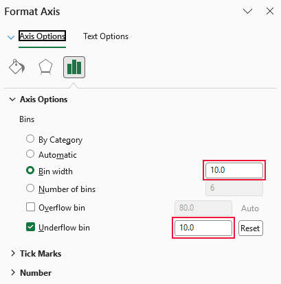 Histogram bin width and underflow set to 10