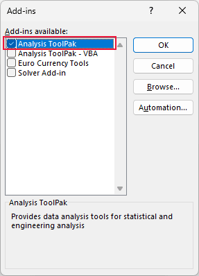 Excel Add-ins dialog where Analysis ToolPak can be enabled