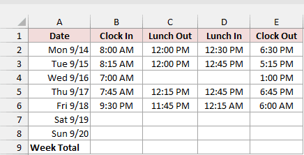 Clock In, Lunch Out, Lunch In, and Clock Out times for the week.
