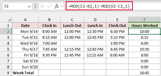 Hours worked as time values, with the week total showing 18:45 in h:mm format.