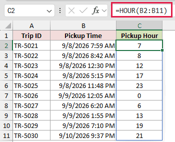 =HOUR(B2:B11) in C2