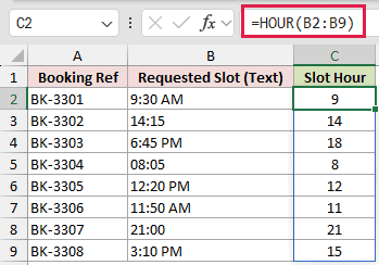 =HOUR(B2:B9) in C2