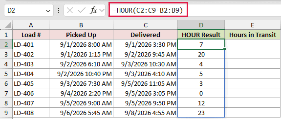 =HOUR(C2:C9-B2:B9) in D2