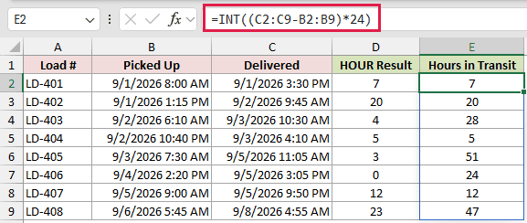 =INT((C2:C9-B2:B9)*24) in E2