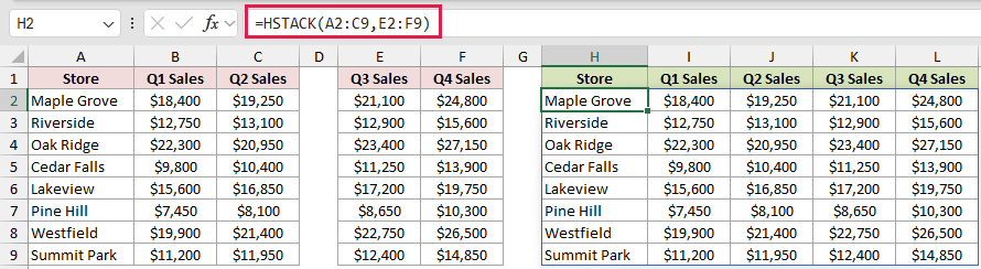 =HSTACK(A2:C9,E2:F9) in H2