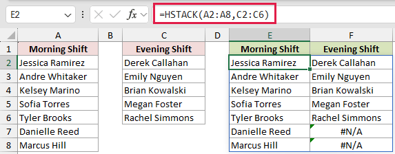 =HSTACK(A2:A8,C2:C6) in E2