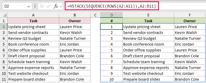 =HSTACK(SEQUENCE(ROWS(A2:A11)),A2:B11) in D2