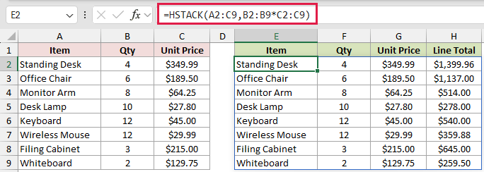 =HSTACK(A2:C9,B2:B9*C2:C9) in E2