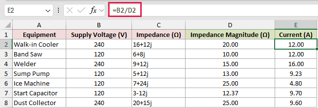=B2/D2 in E2