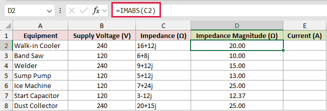 =IMABS(C2) in D2