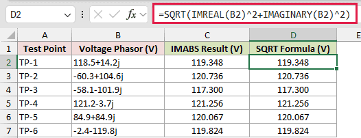 =SQRT(IMREAL(B2)^2+IMAGINARY(B2)^2) in D2