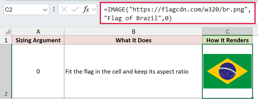 =IMAGE("https://flagcdn.com/w320/br.png","Flag of Brazil",0) in C2