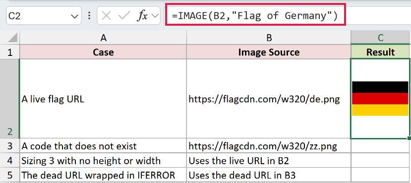 =IMAGE(B2,"Flag of Germany") in C2